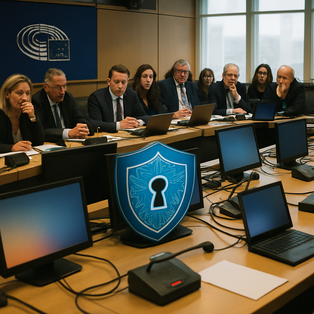 European lawmakers gather around a table, surrounded by screens and technology, with concerned expressions.