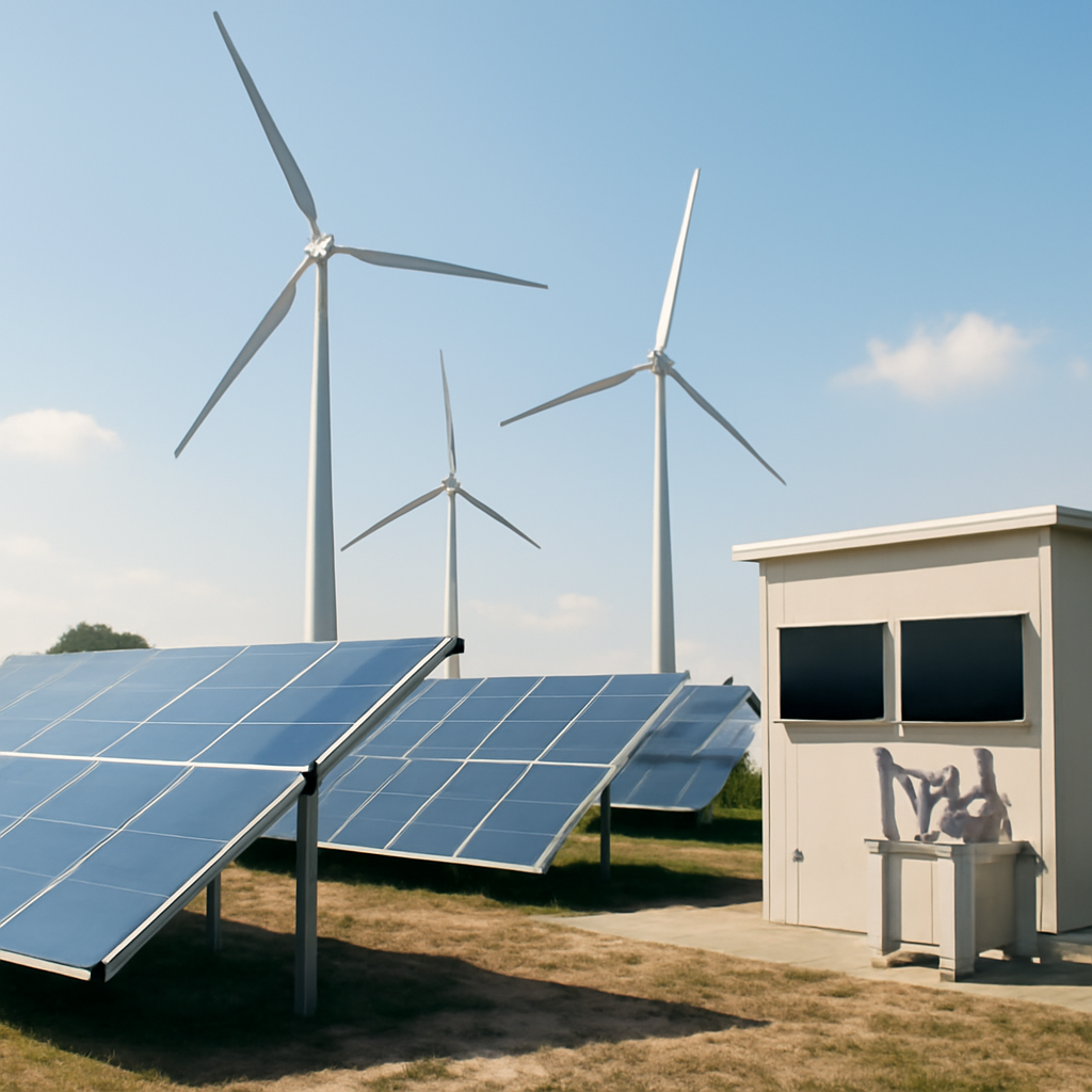 Solar panels and wind turbines in a renewable energy farm with a control building in the background.