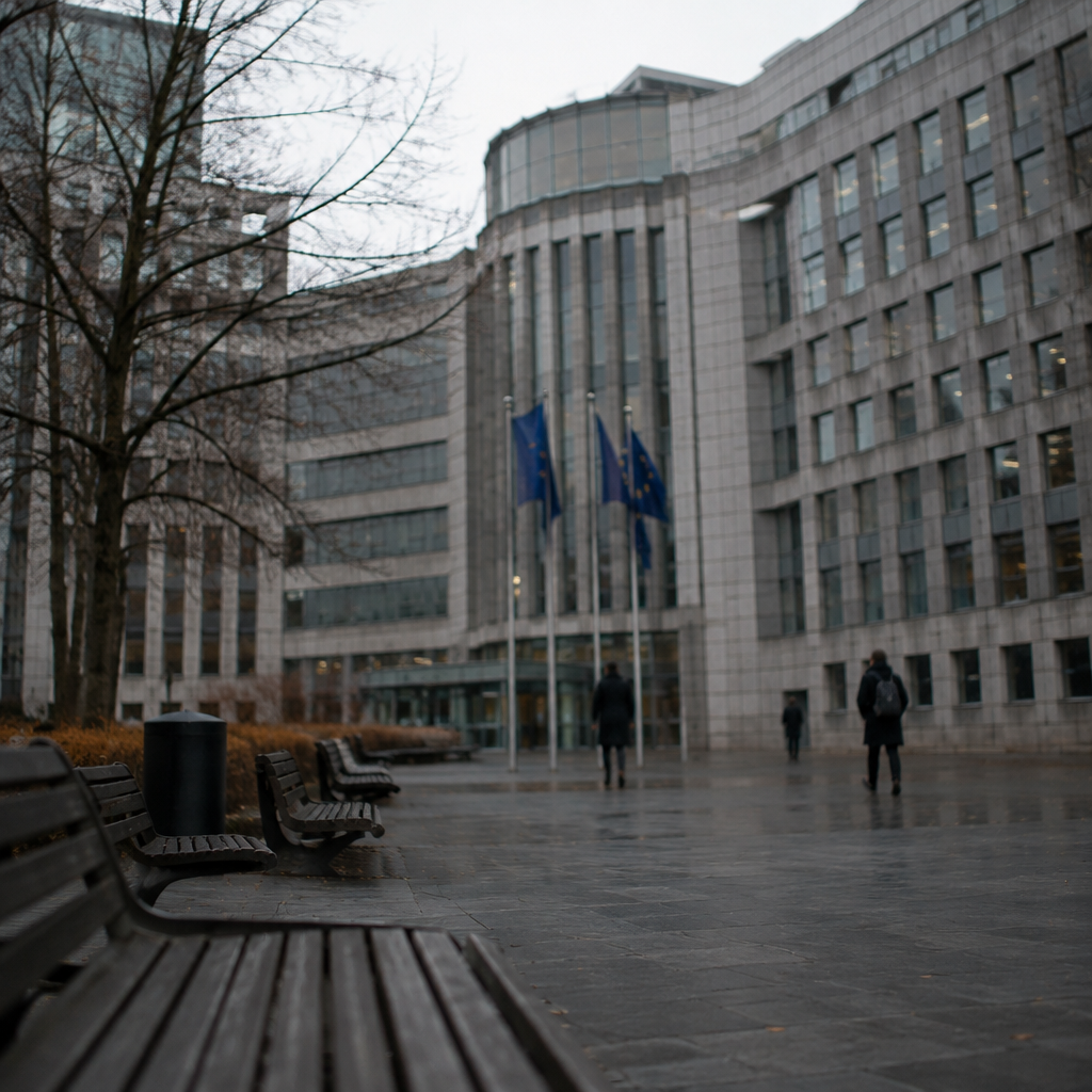 Somber European government building courtyard with people walking in distance.