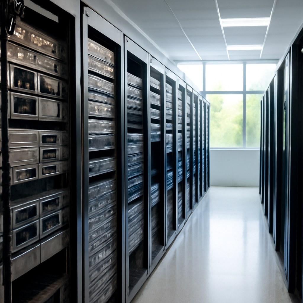 Rows of computer servers and storage equipment in a modern, well-maintained data center with daylight visible through…