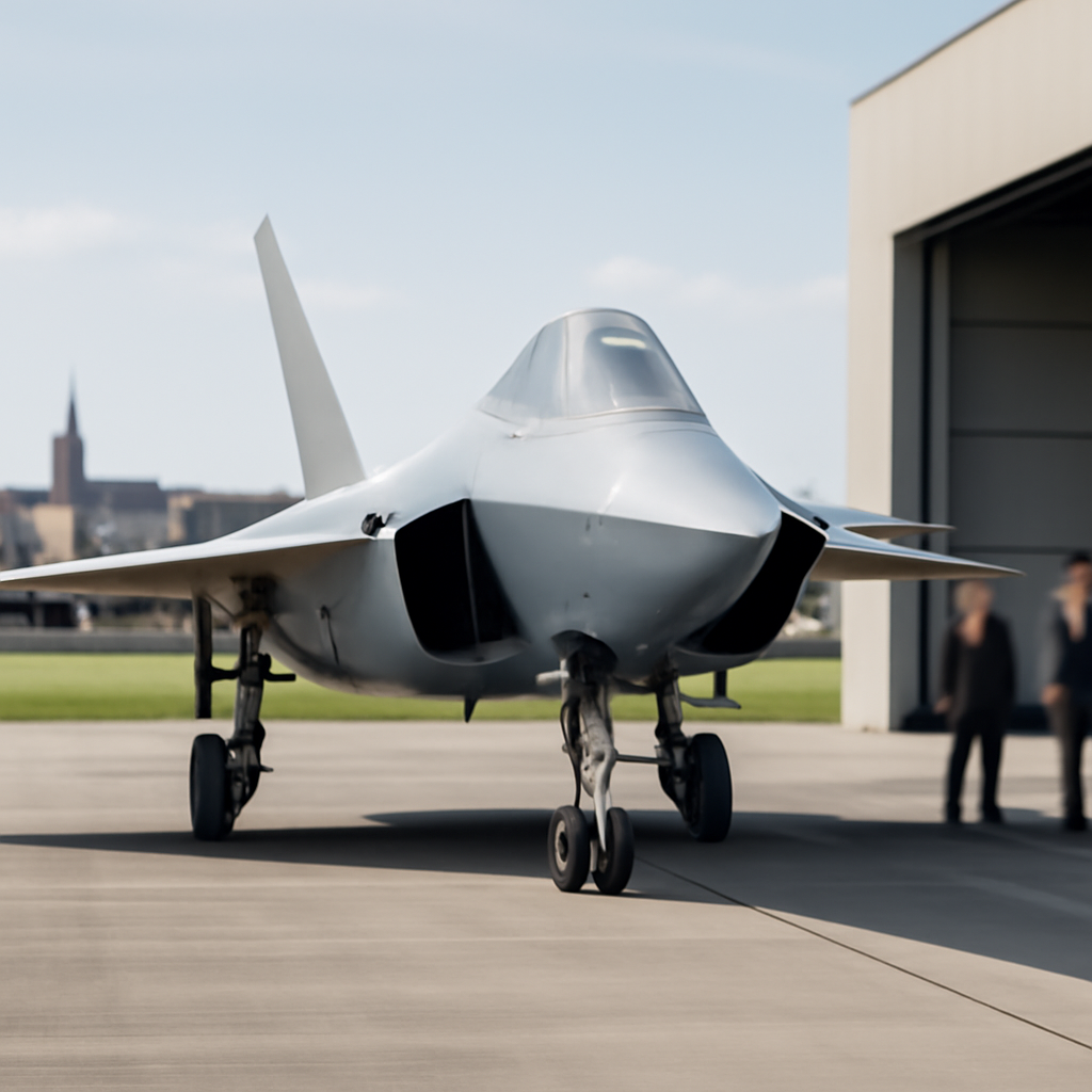 Modern military aircraft on a runway with officials and a European cityscape in the background.