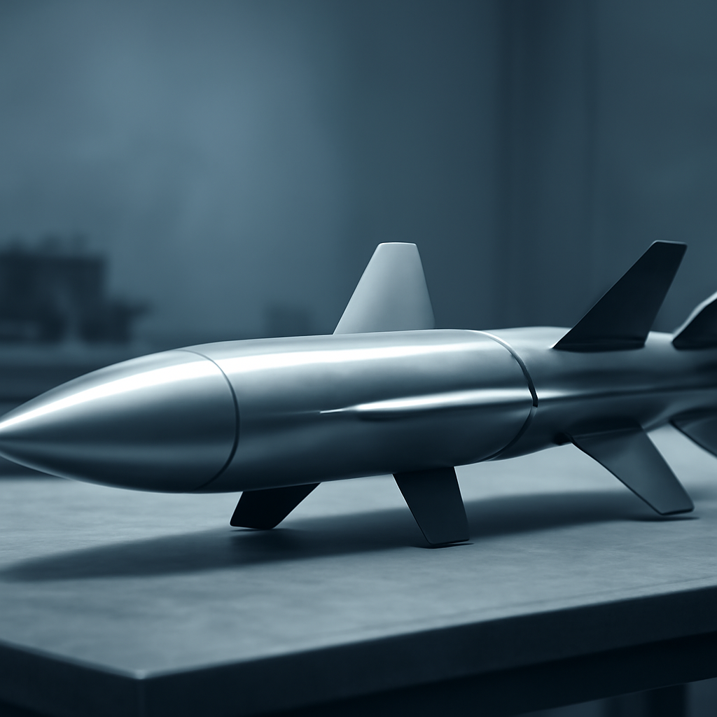 Futuristic air missile on a workbench with tools, set against a grey-blue background.