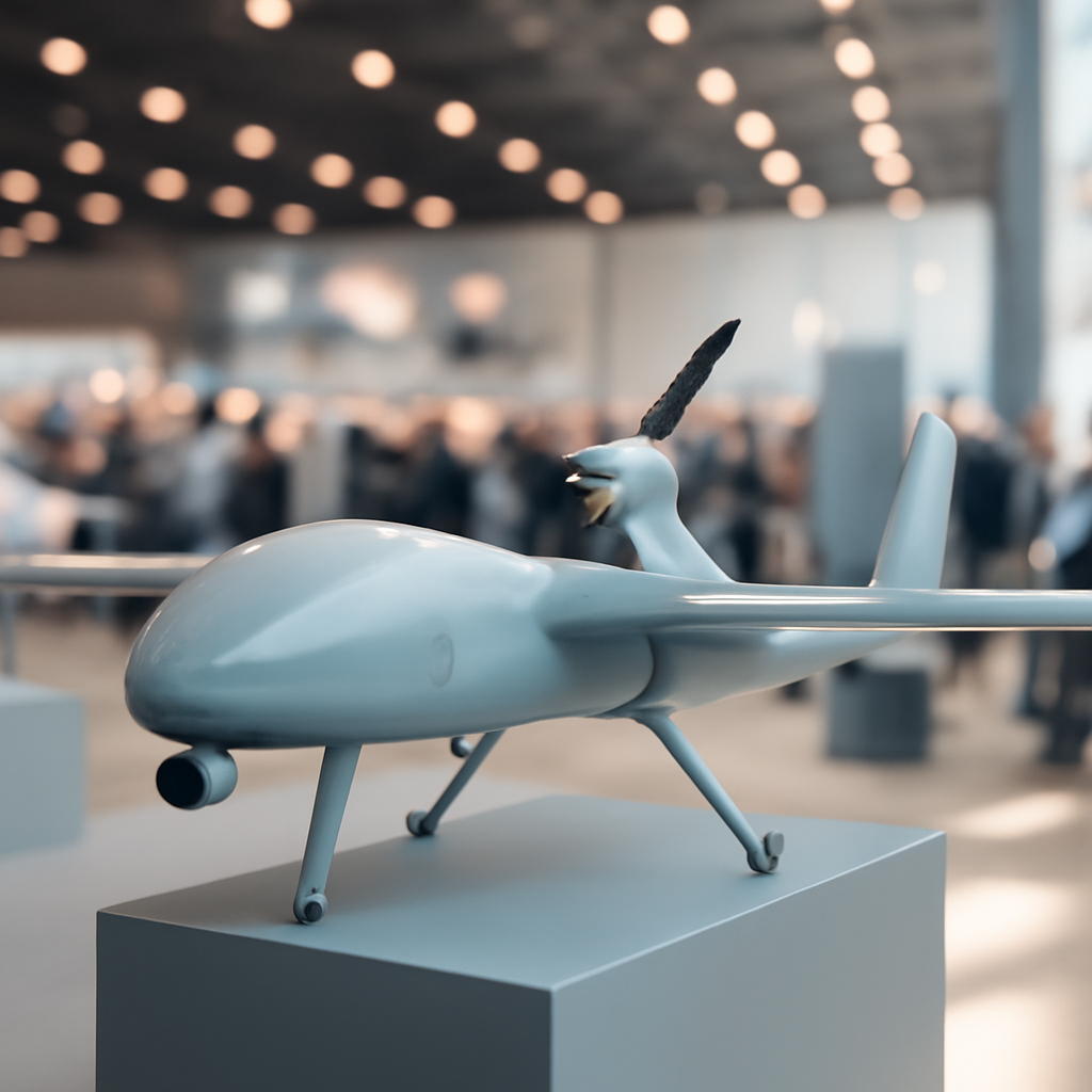 Drone on display at indoor air show with blurred crowd in background.