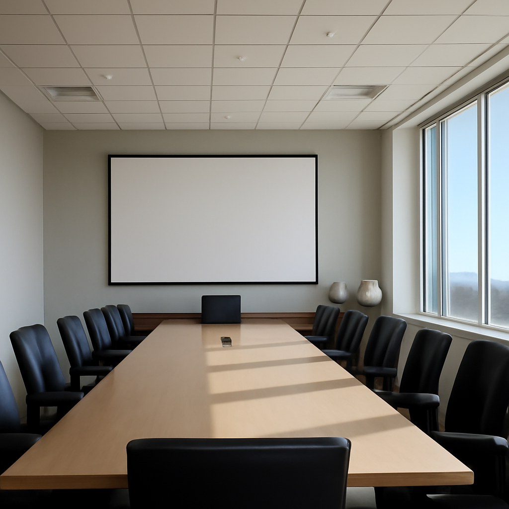 Modern conference room with satellite models and view of blue sky.