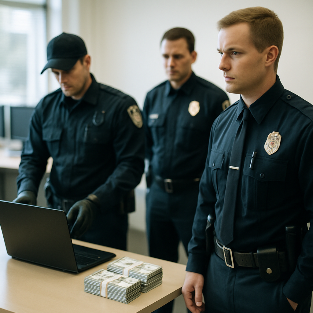 Law enforcement officers in a formal setting with seized computer equipment.