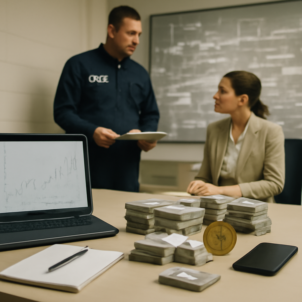 Law enforcement officials surround computer screens displaying cryptocurrency transactions.
