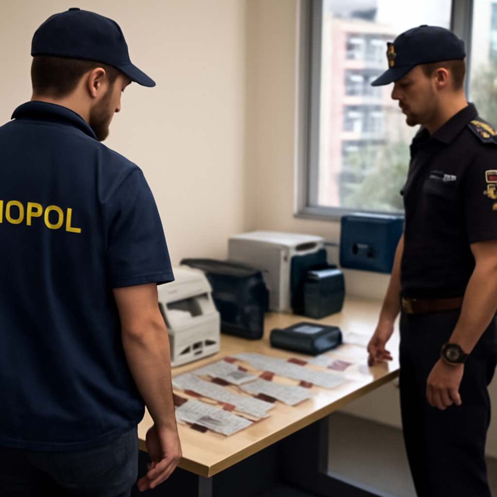 Europol officers examine seized document-production equipment and stacks of counterfeit identity documents.