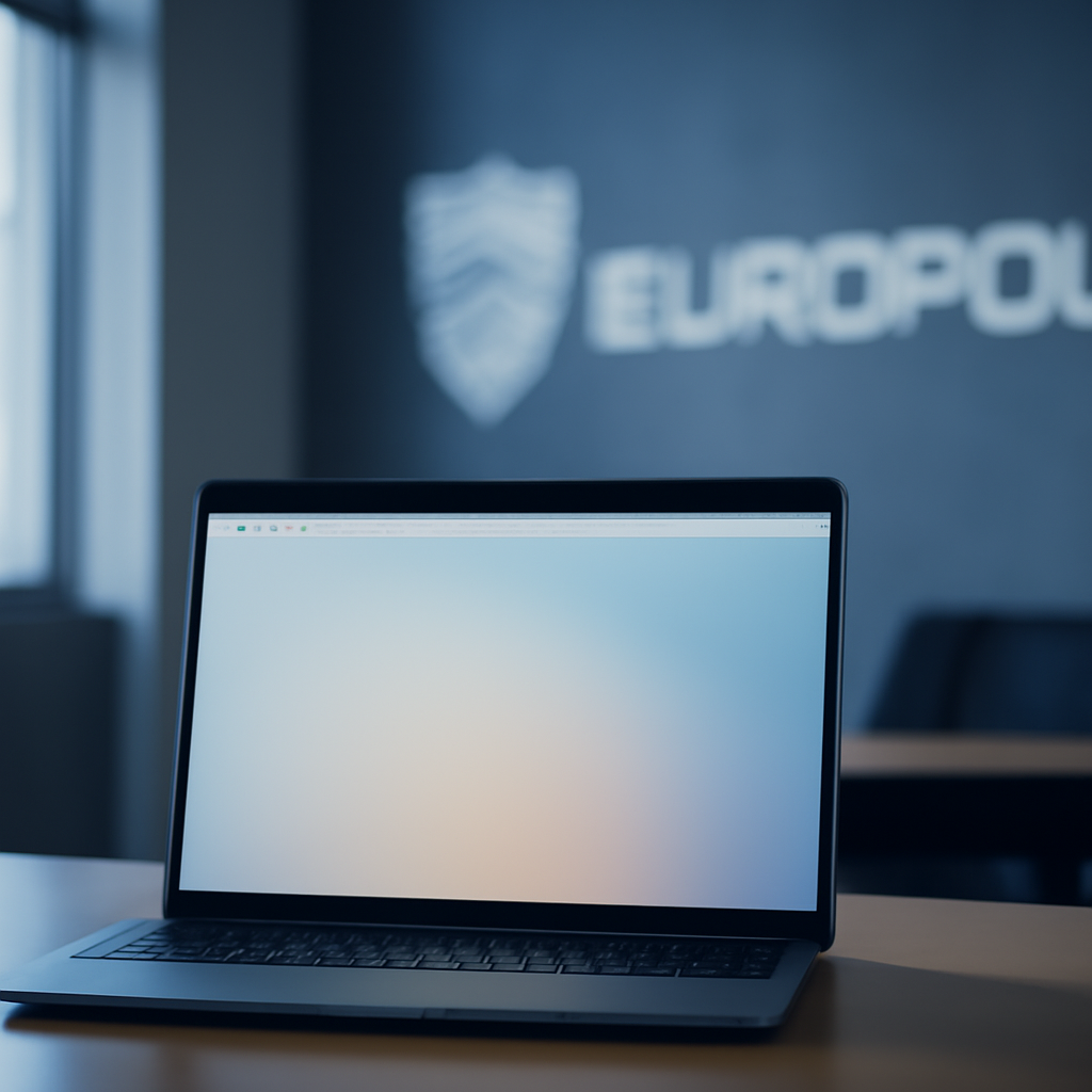 Law enforcement office with computer screen and blurred emblem on wall.