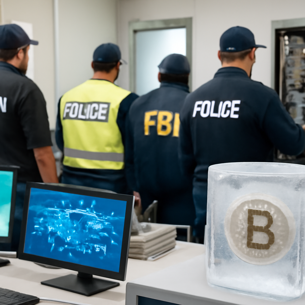 Law enforcement officers in a cybersecurity operation room surrounded by computer screens and network equipment.