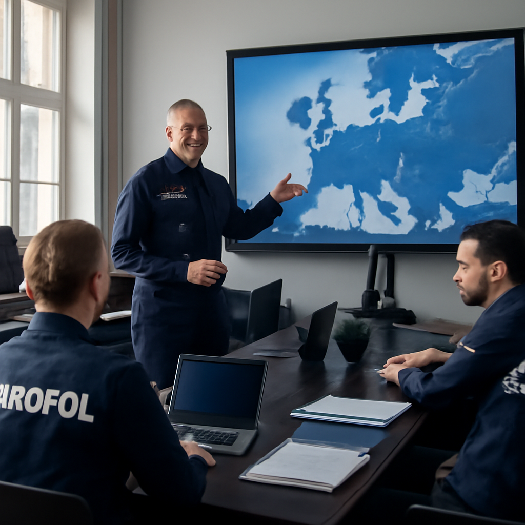 Europol officers in a briefing room with a large screen displaying a Europe map.