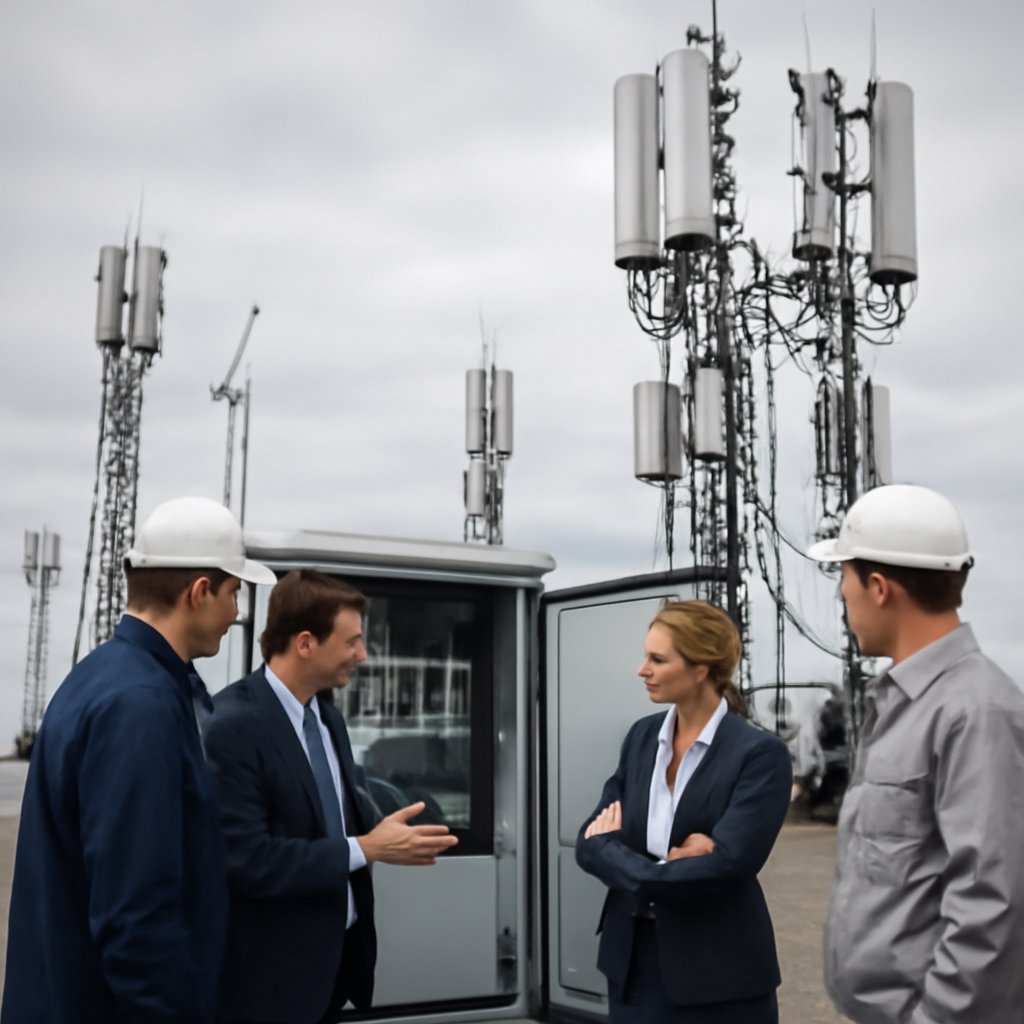 Partially completed 5G cell towers stand under a cloudy sky, with officials in the foreground.