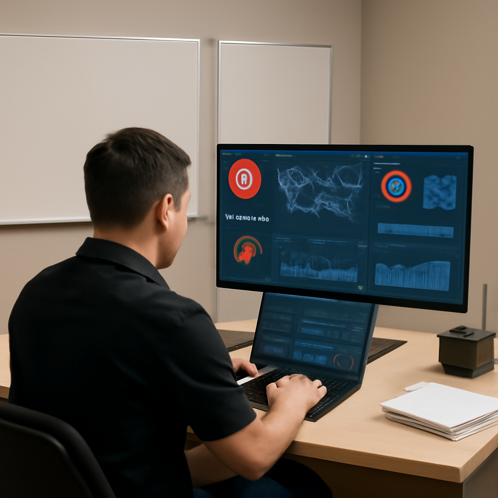 Security operations center analyst working at a workstation with multiple monitors and equipment.