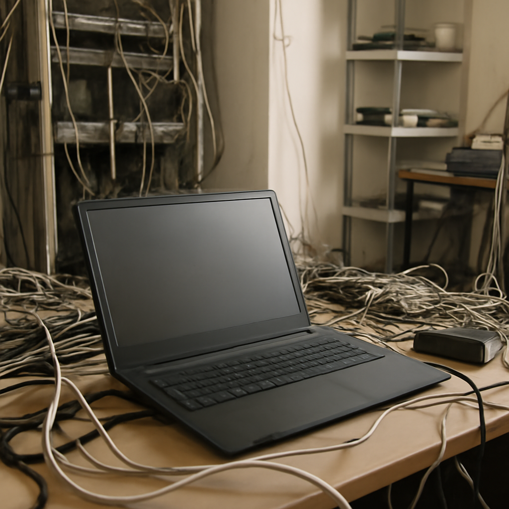 Cramped server room with laptop and cables in ordinary indoor lighting.