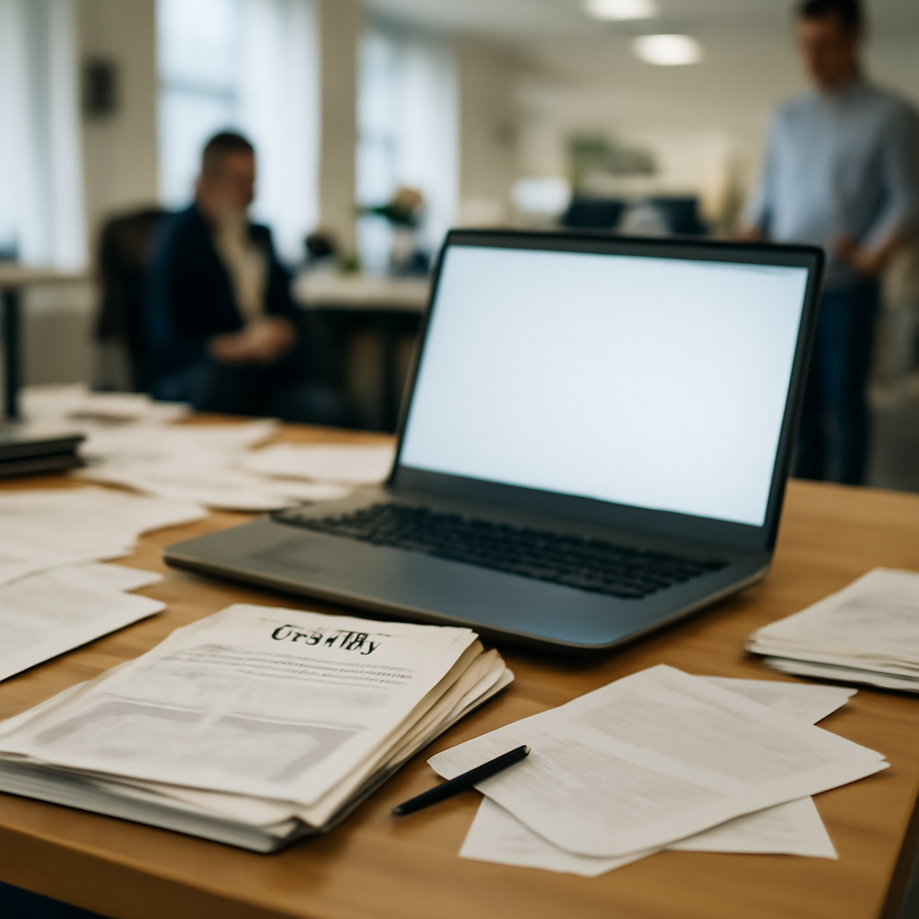 Cluttered office desk with open laptop, invoices, and scattered papers showing signs of disruption.