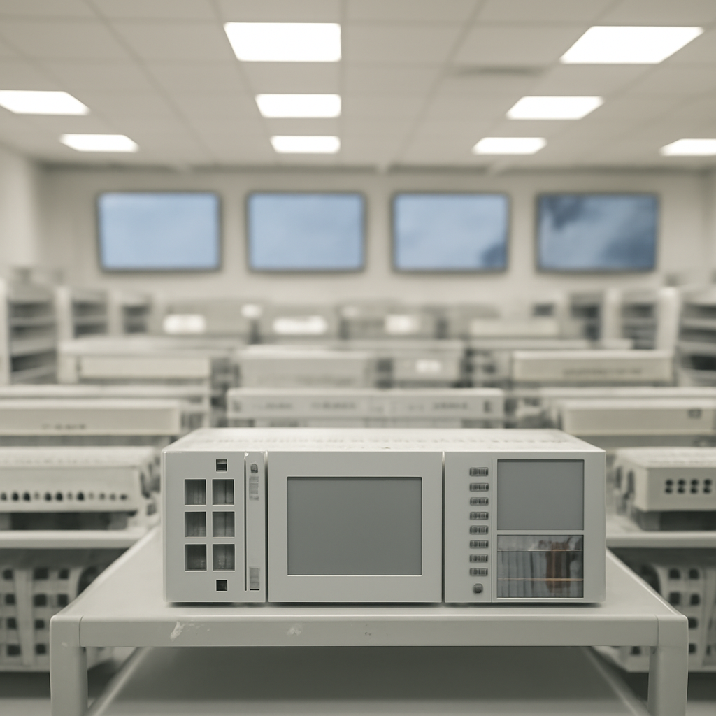 Network equipment room with rows of routers and switches, one device prominently displayed in the foreground.