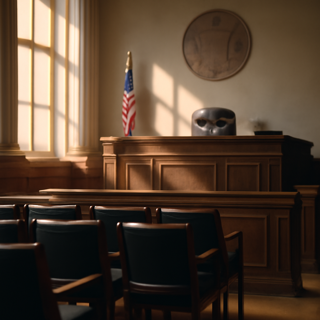 Courthouse interior with judge's bench and row of chairs under natural daylight.