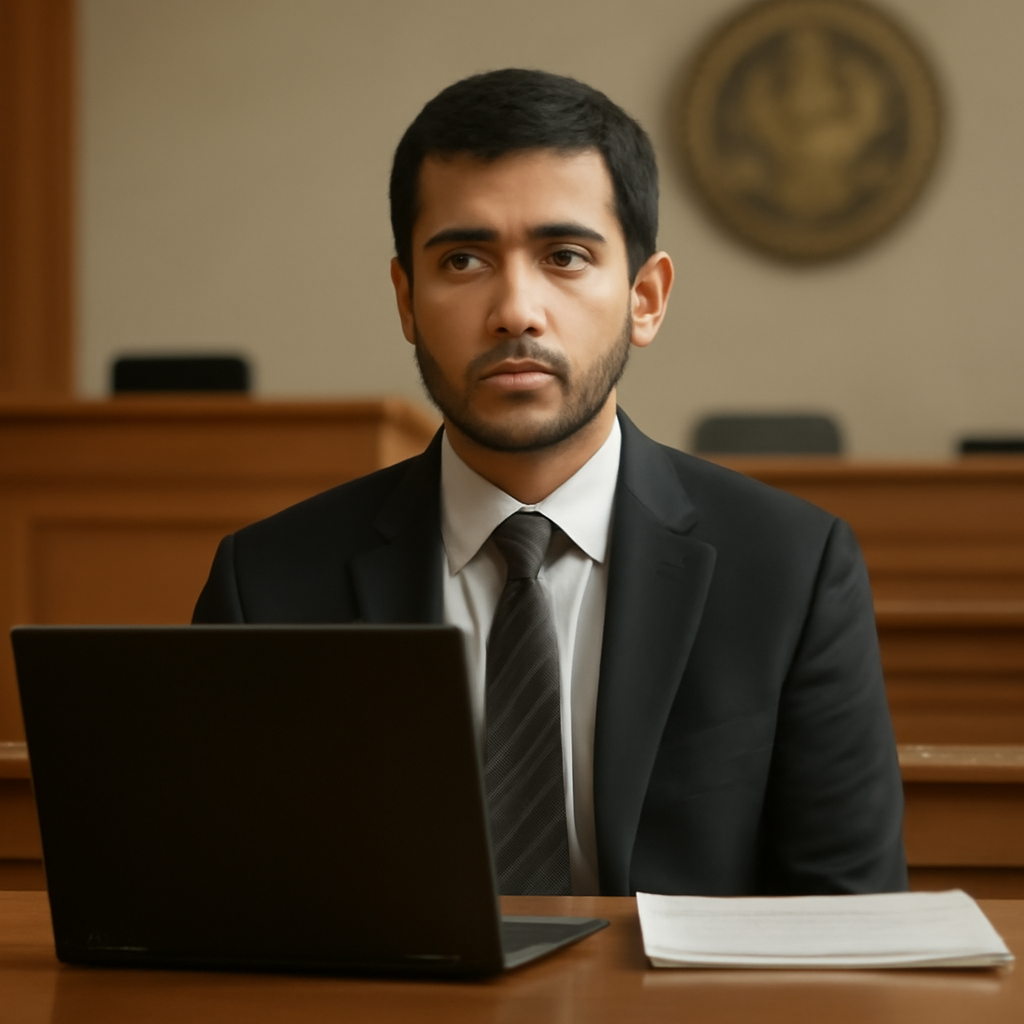 Former OpenAI engineer sits in courtroom with papers and laptop, under institutional scrutiny.