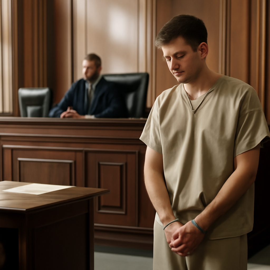 Man in prison uniform or casual clothes stands cuffed in federal courthouse.