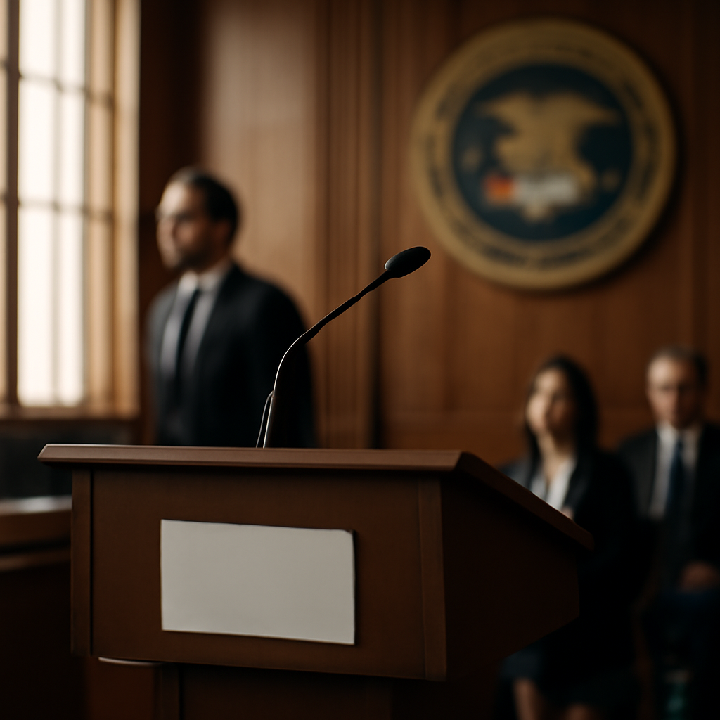 Formal courthouse setting with podium and law enforcement emblem in background.