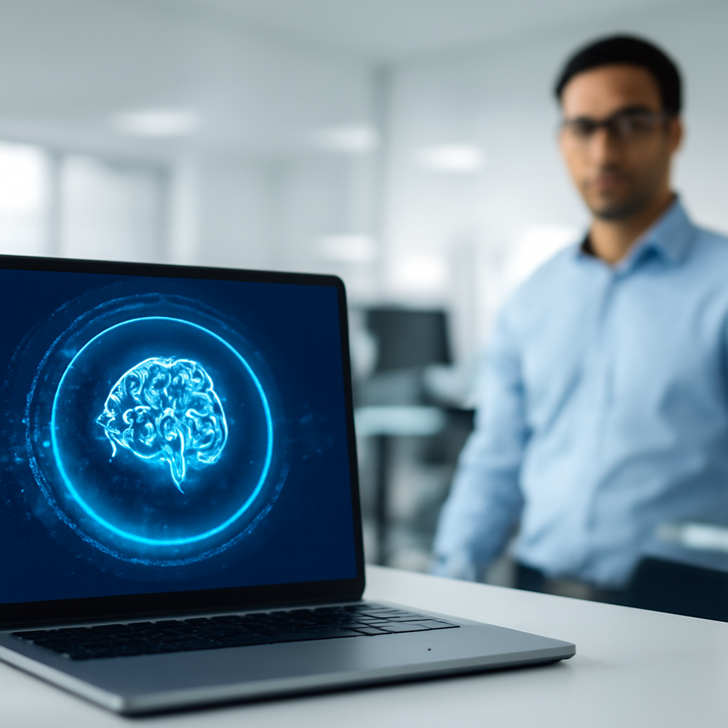 Futuristic cyber reasoning platform on a sleek display surrounded by blurred tech equipment.