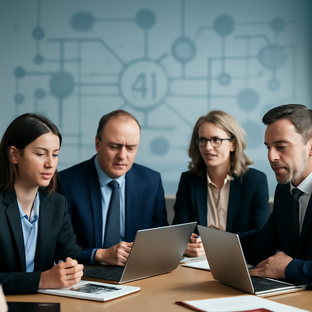 Executives in a conference room show concern, with a subtle network diagram in the background.