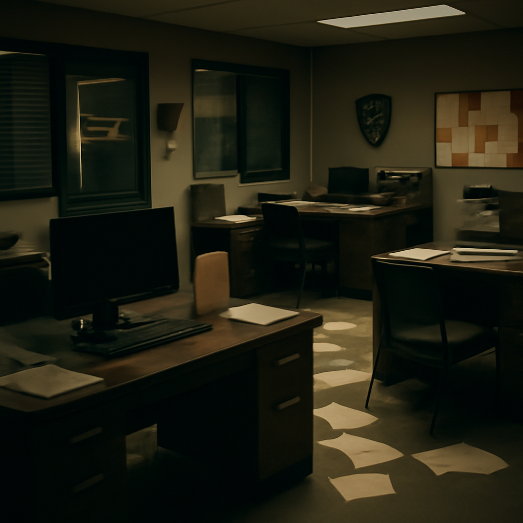 Dimly lit police station interior with scattered papers and files, suggesting disarray.