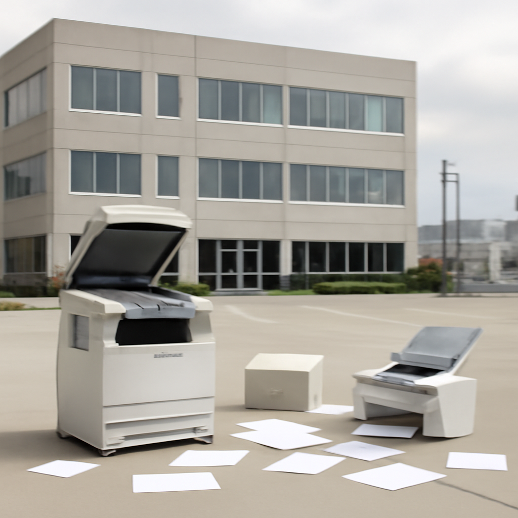 Modern office equipment sits amidst scattered papers outside a brightly-lit office building or data center.