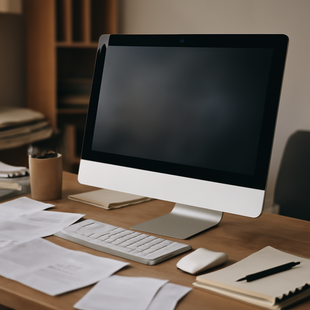 Cluttered home office desk with a Mac computer, papers, notebook, and pen.