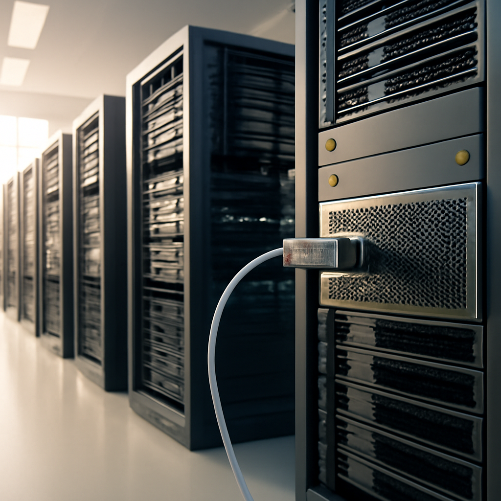 Rows of computer servers and networking equipment in a brightly-lit mail server room.