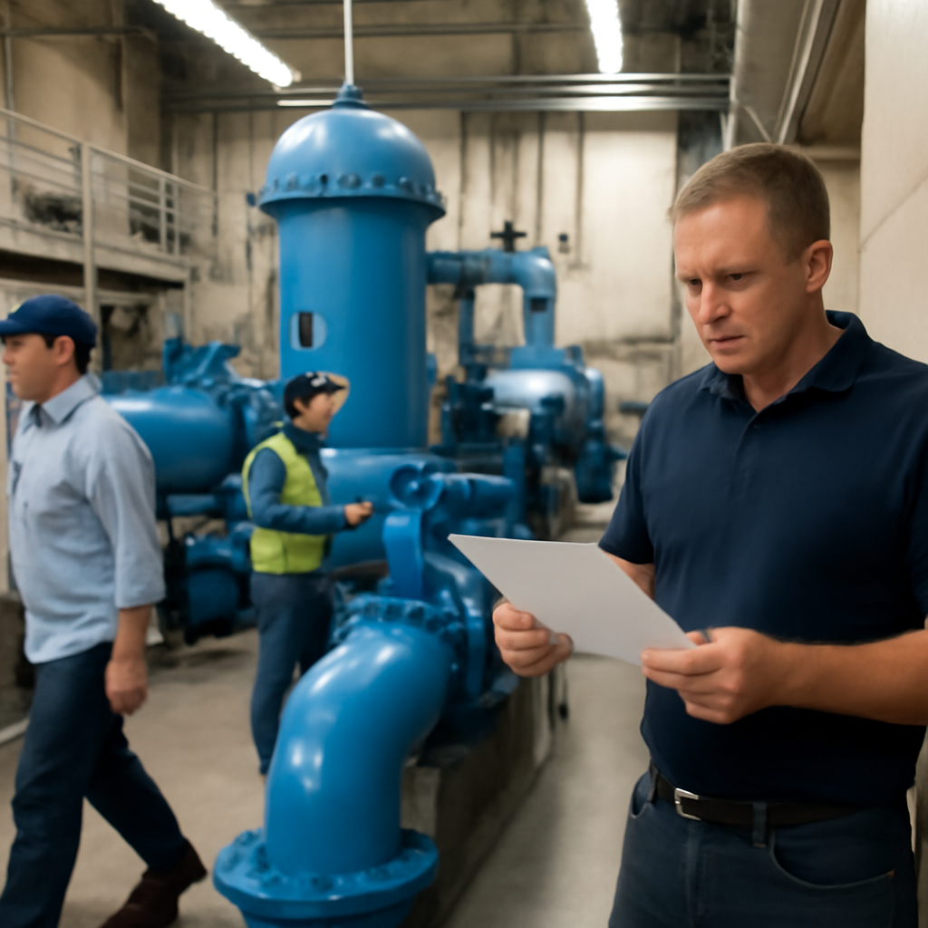 Water treatment plant interior showing operational equipment and controls.