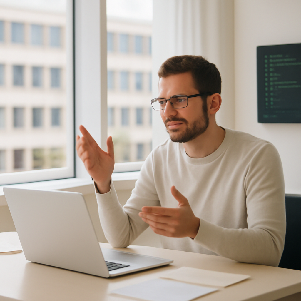 Person sits at minimalist desk with laptop, papers, and notes in a bright, neutral office setting.