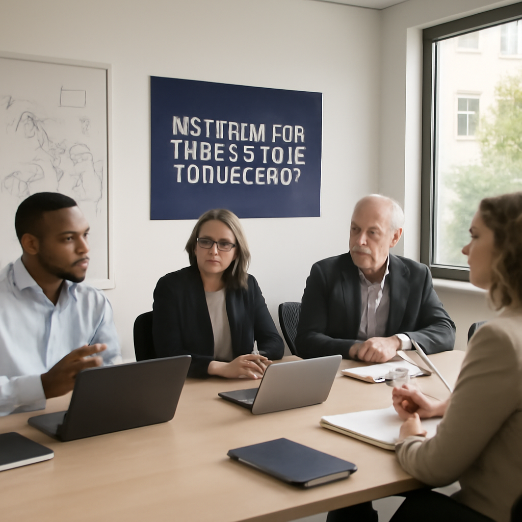 Experts in a meeting room with whiteboards, laptops, and notebooks, collaborating near a window.