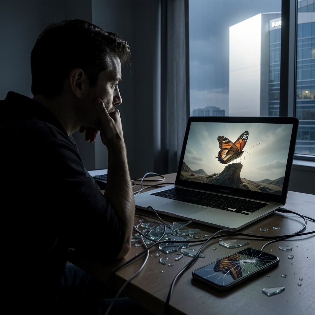 Person surrounded by shattered glass and wires, laptop shows butterfly in precarious environment.