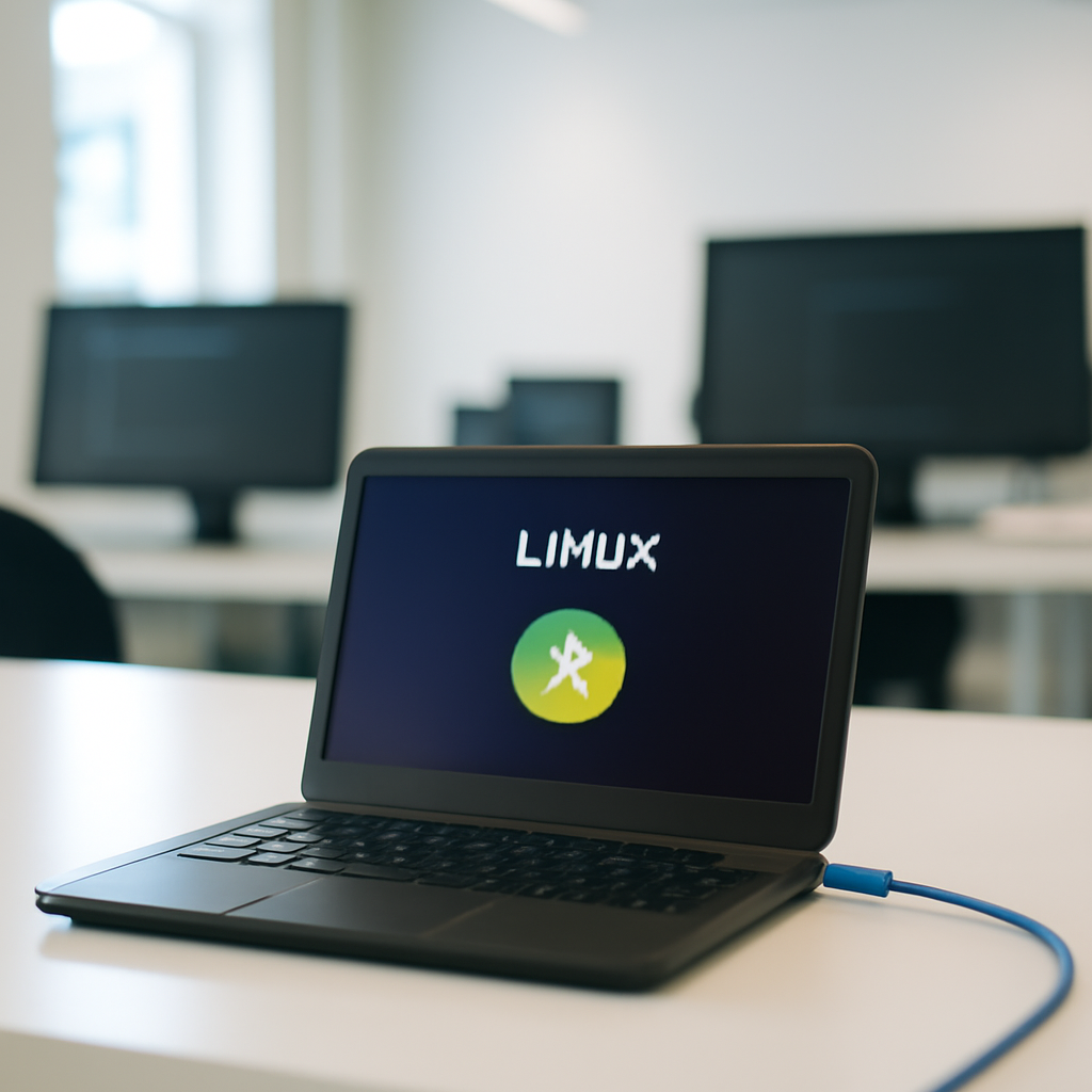 Brightly-lit computer workstation with a central device, minimalist decor, and a blurred network cable trailing out of frame.