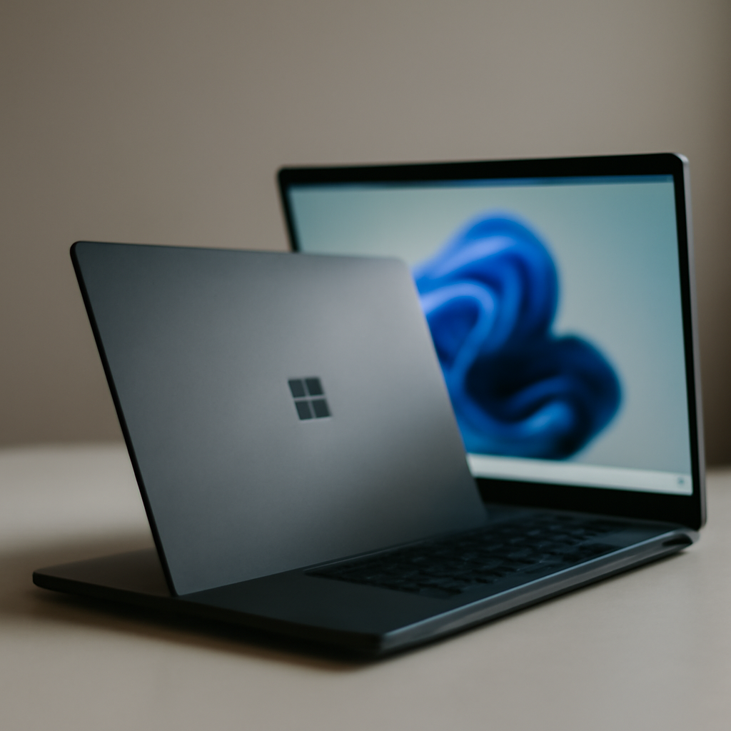 Windows 11 laptop on a minimalist desk with lid ajar, screen displaying ambient daylight.