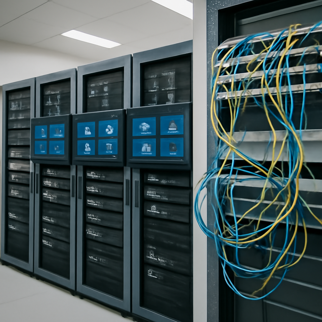 Disorganized cables and patch cords in a network operations room with rows of computer servers and monitoring screens.