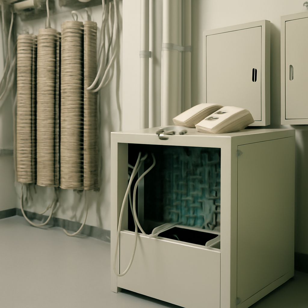 Telephone equipment setup in a control room with physical hardware on display.