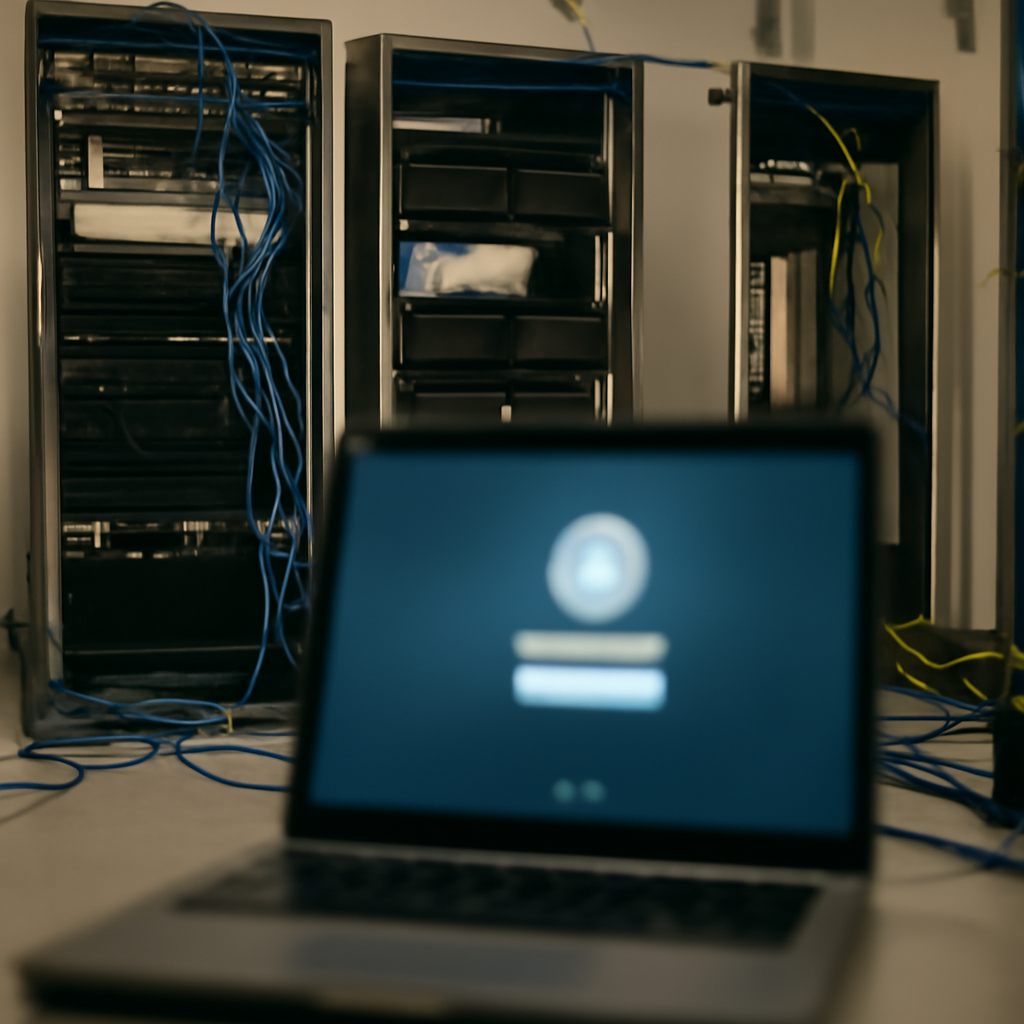 Server room with equipment and a blurred laptop login screen in foreground.