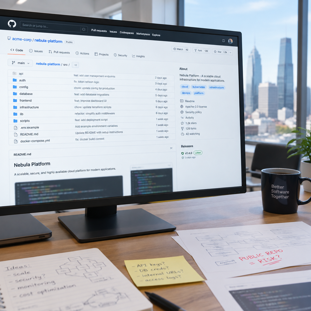 Modern tech company interface on a large computer screen with blurred coding content and office background.