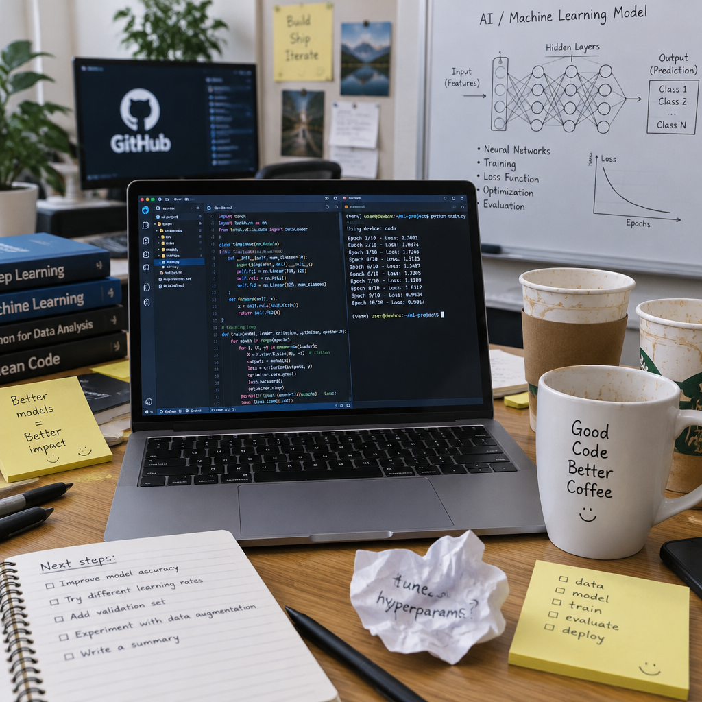 Cluttered developer workstation with laptop, terminal, and notes, surrounded by coding-related items and AI diagrams.