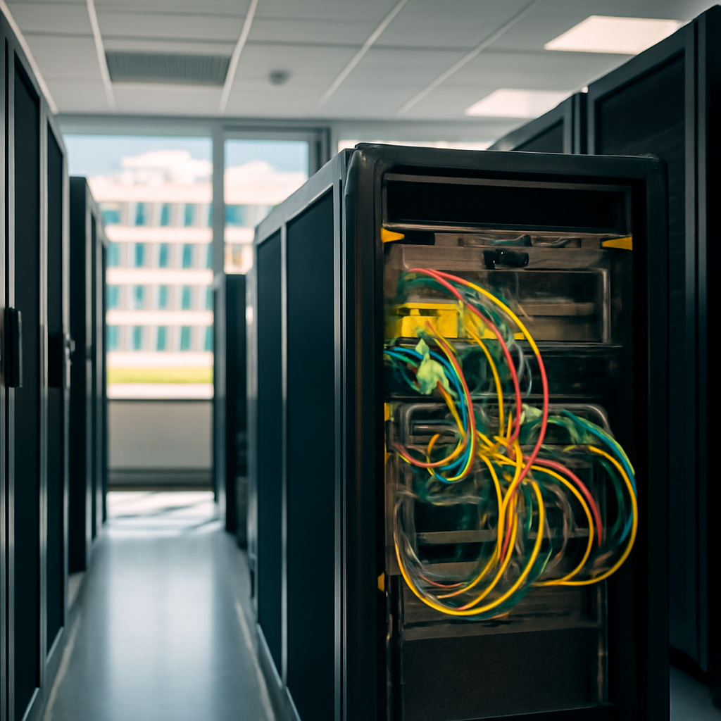 Server room with rows of equipment and one exposed server in the foreground.