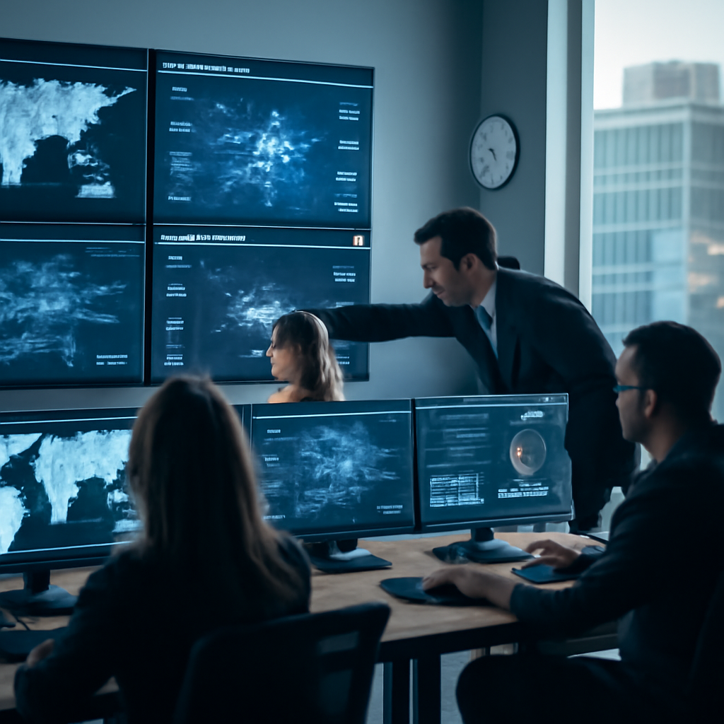 Security analysts work together in a brightly-lit operations center surrounded by computer screens, with a cityscape…