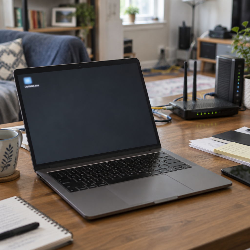 Laptop on cluttered desk with blank, ajar screen and router in background.