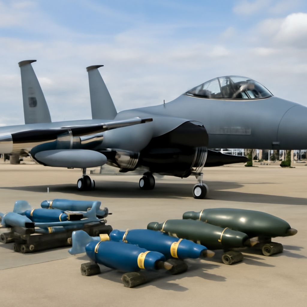F-15EX fighter jet on tarmac with support equipment and inert training bombs.