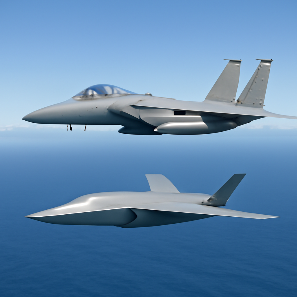 US Air Force F-15EX fighter jet and MQ-28 Ghost Bat drone in staggered formation over Philippine Sea.
