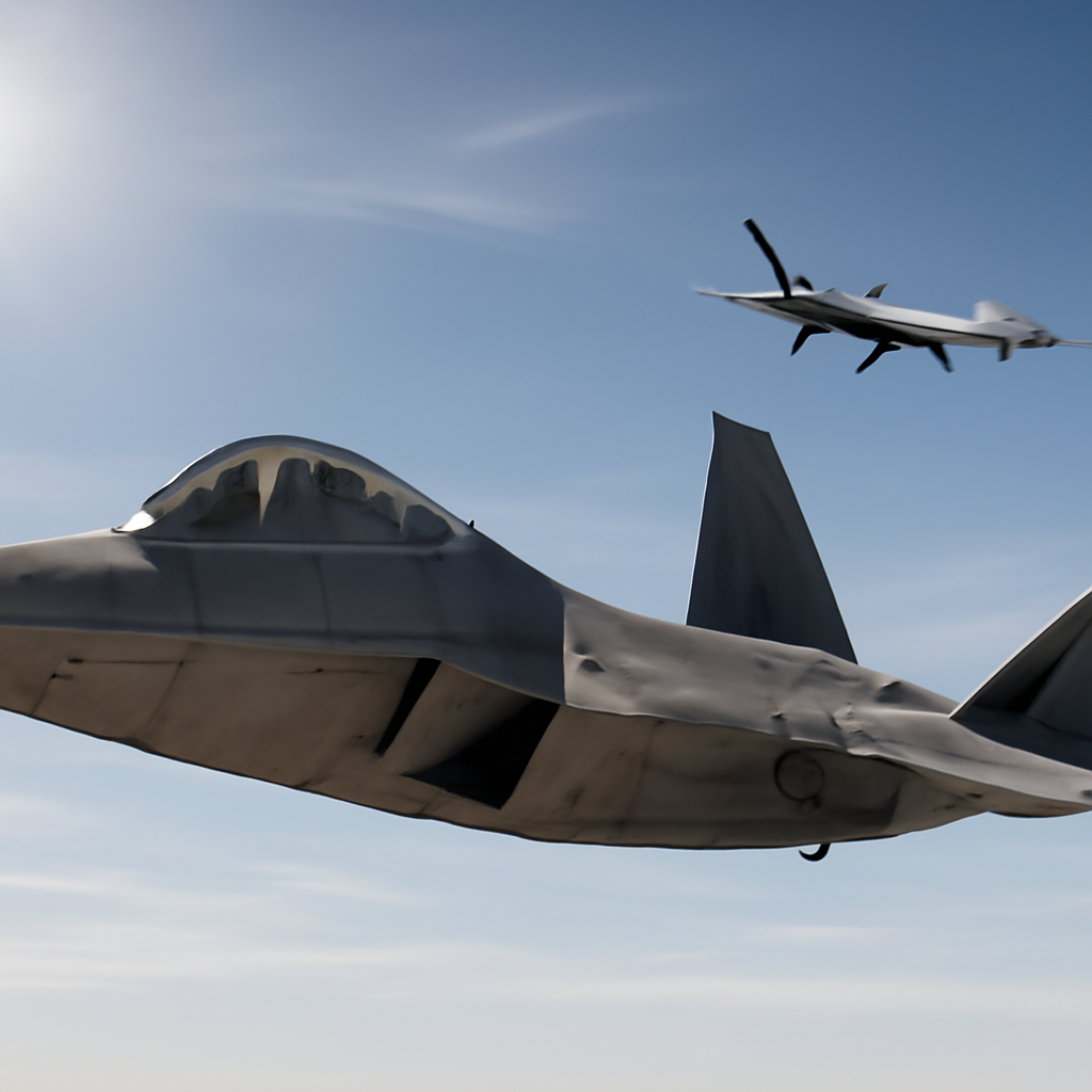 F-22 fighter jet and drone flying in formation against a clear blue sky.