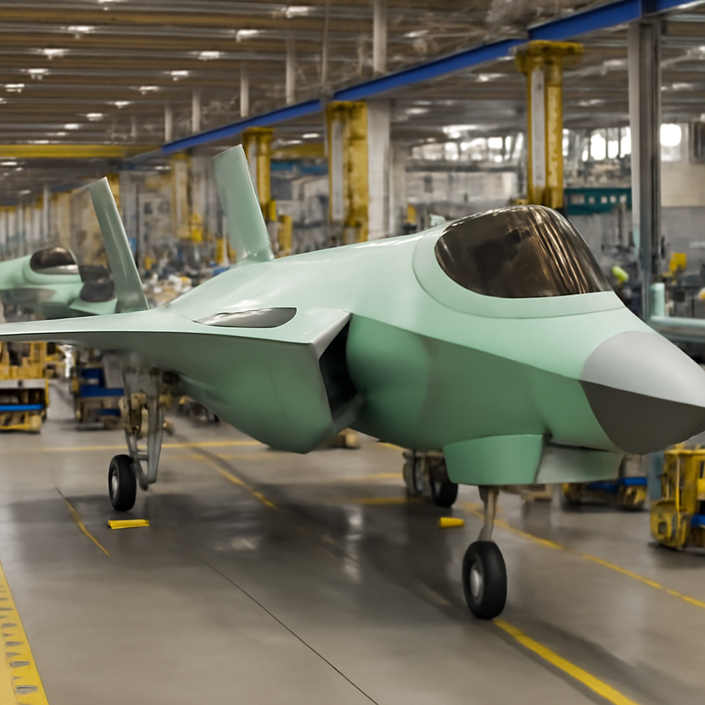 F-35 aircraft components being assembled on a production facility floor with industrial and military elements.