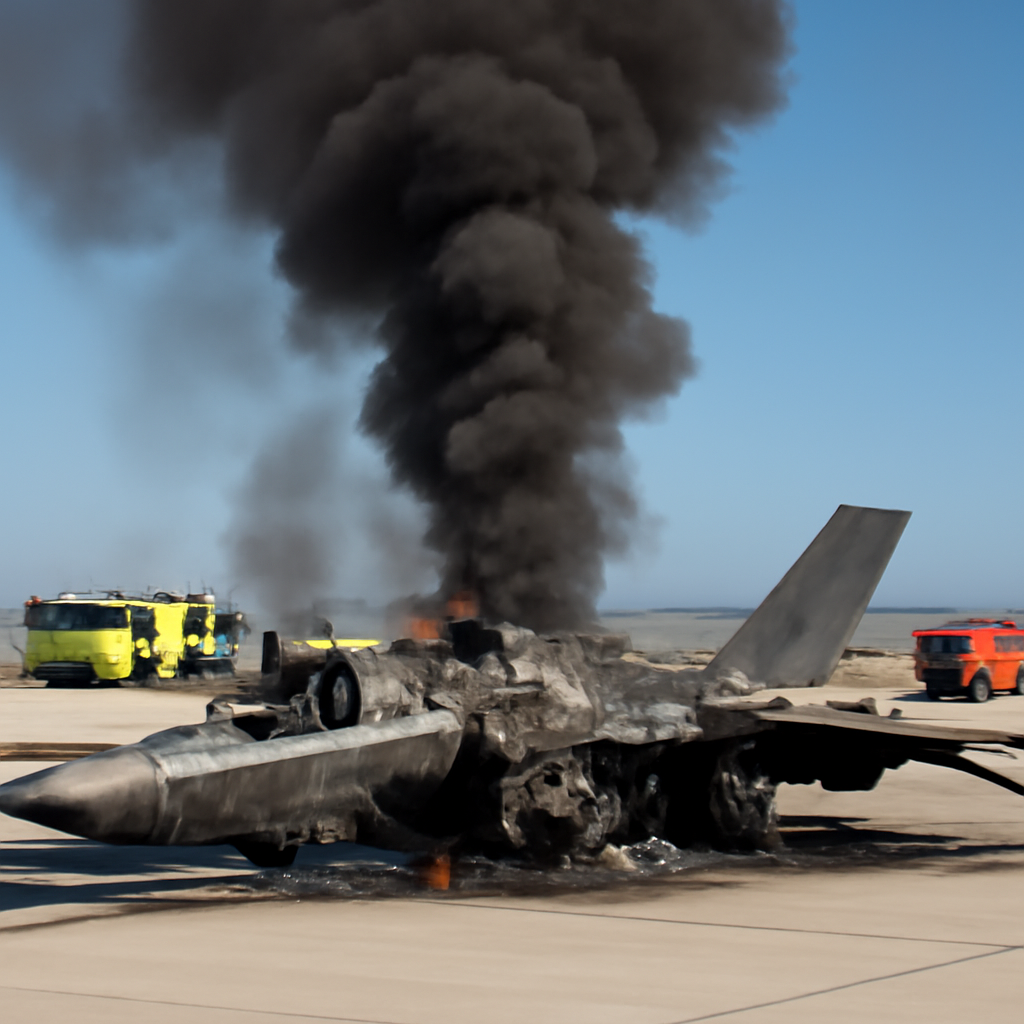 Damaged F-35B fighter jet on Miramar runway with emergency vehicles and smoke.