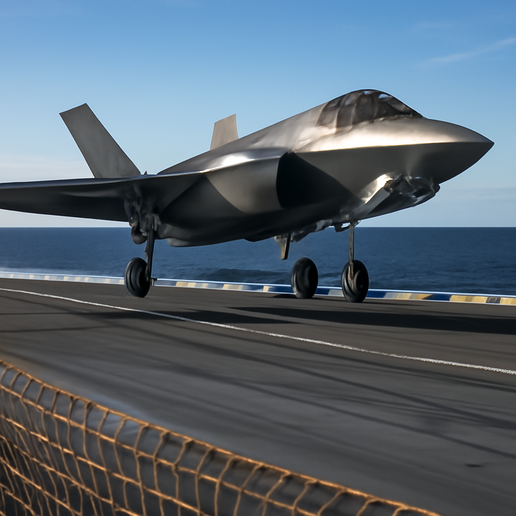 F-35C fighter jet landing on aircraft carrier with arresting gear cables deployed.