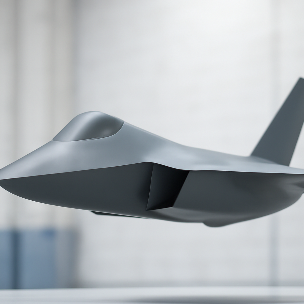 Sleek sixth-gen fighter jet model with radar-absorbent materials on neutral background.